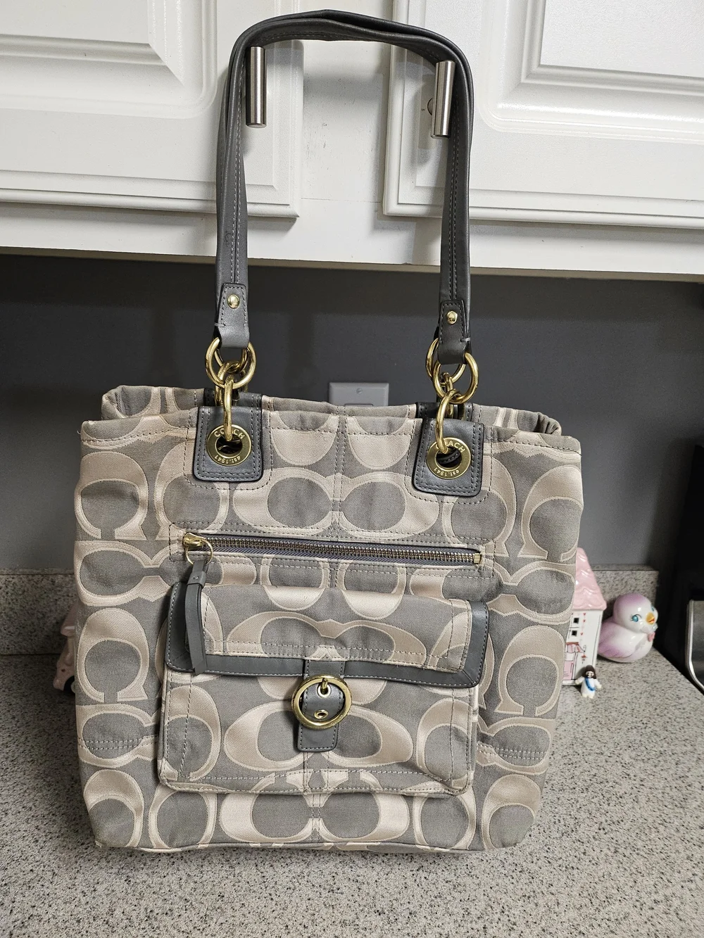 Coach Beige & Gray Signature Tote with Gold Hardware